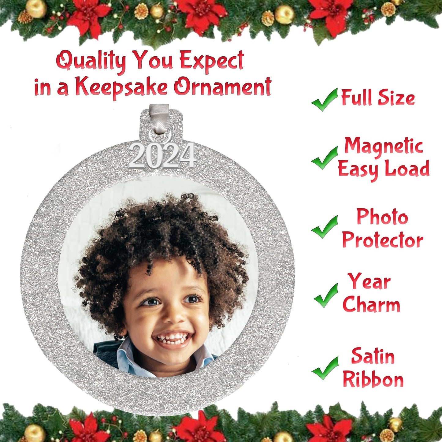 2024 Photo Ornaments for Christmas Tree, Sparkly Glitter Christmas Frame Ornament, Easy-Load Magnetic Design, Includes Satin Ribbon with Gold Charm Plus Photo Protector, Round, Gold