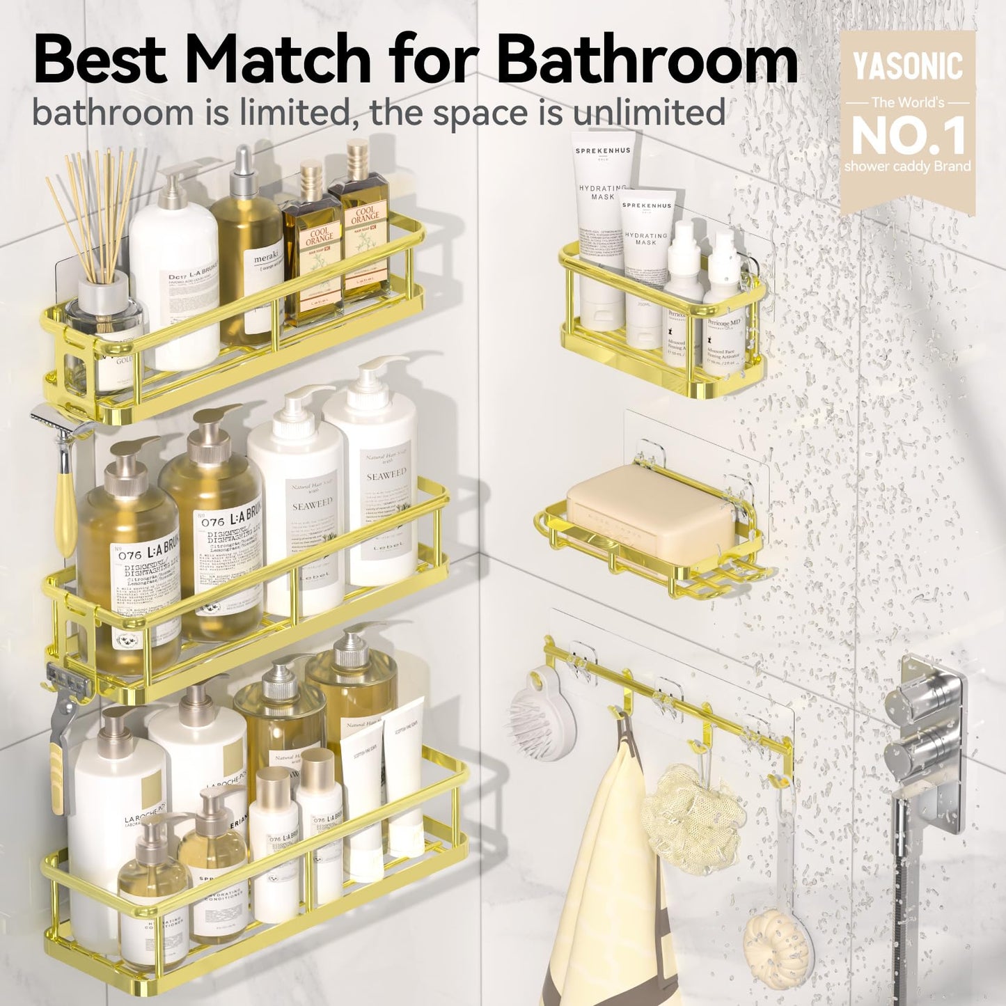 YASONIC Shower Caddy, 100% Rustproof Shower Shelves for Inside Shower, No Drilling Bathroom Organizers and Storage, 6 Pack Large Capacity Bathroom Shelves for Kitchen & Home Decor