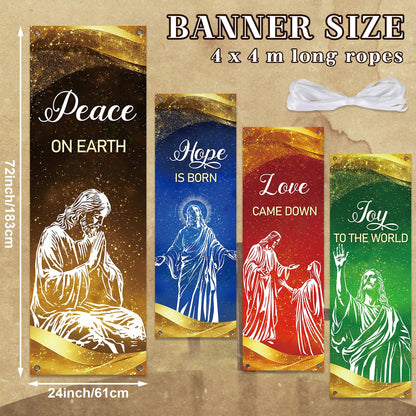 4Pcs Christmas Church Banners for Sanctuary Wall Love Hope Joy Peace Religious Banners Hanging Backdrop Gold Glitter Jesus Christian Banner with Scripture Bible Verse Banner for Holiday School Decor