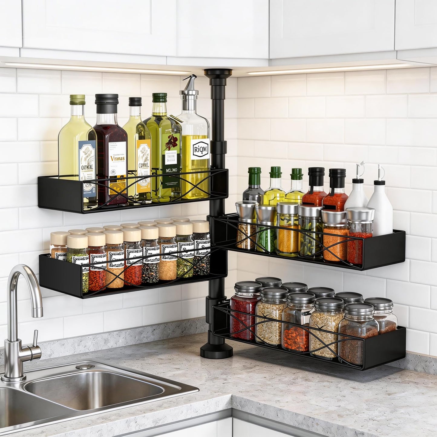 Mixoo Spice Rack Organizer Tension Pole, 4-Tier Adjustable Spice/Seasoning Organizer for Kitchen Countertop, Space-Saving Spice Storage Corner Shelf for Kitchen, Coffee Area, 16.5-23.6 Inch, No Drill
