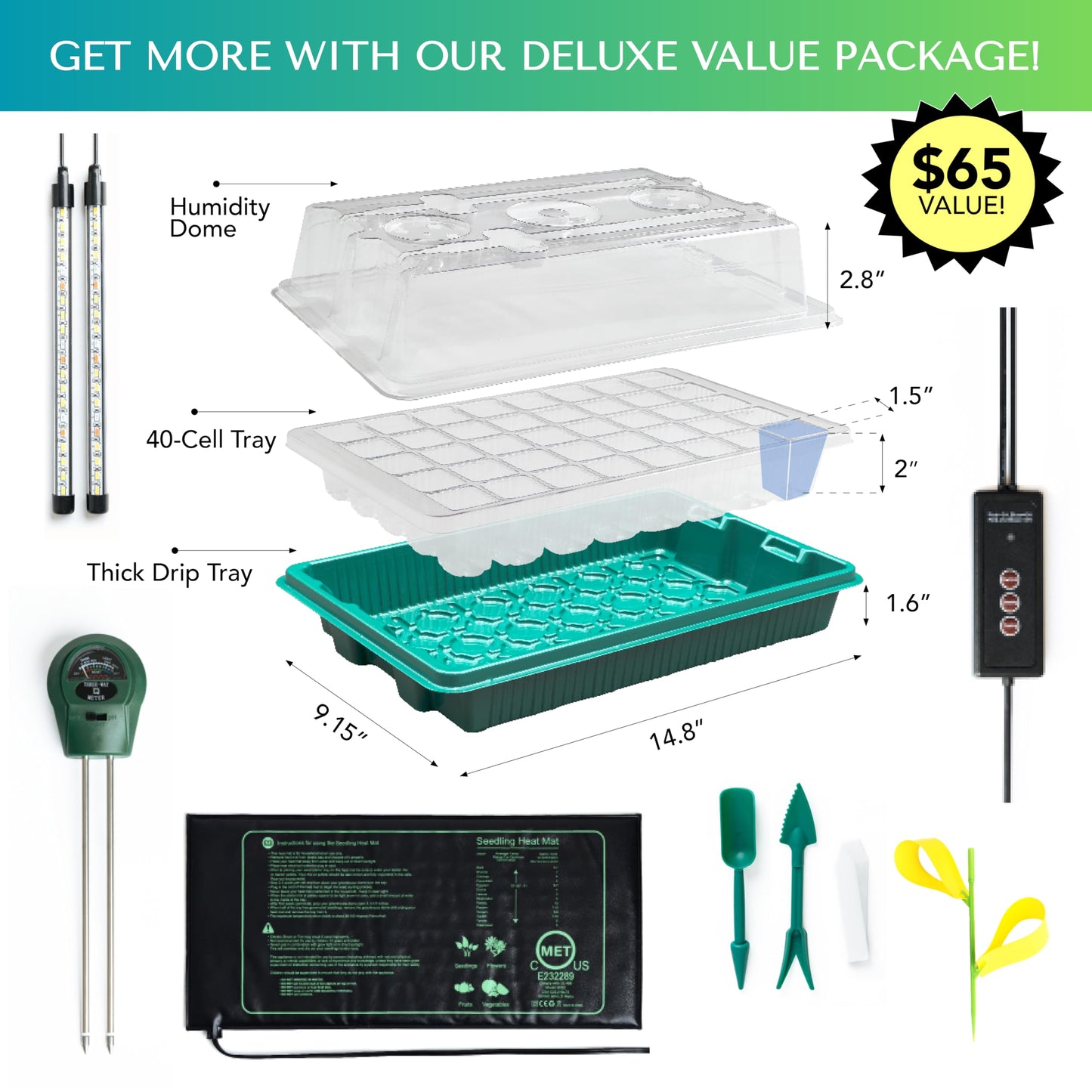 GROWFRIEND Seed Starter Kit with Grow Lights & Heat Mat – 40-Cell Seed Starter Tray, Humidity Dome, Soil Moisture Meter & Sticky Gnat Traps – Indoor Greenhouse & Plant Propagation Station