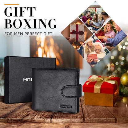 HOCRES Wallets for Men, RFID Blocking Wallet,Mens Wallet, Leather Wallet with 14 Credit Card Holders, 2 Banknote Compartments, 2 ID Window, Minimalist Mens Wallet with Gift Box, Black