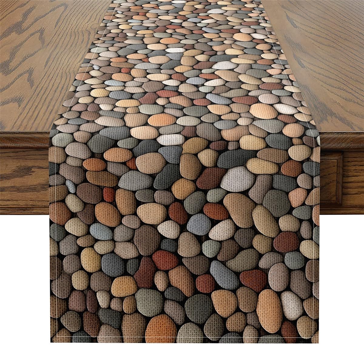 Pebble Table Runner 3D Stone Gravel Cloth for Dining Table - Garden Cobble Print Cobblestone Hawaii Beach Tabletop Decor 48"x13",Grey Brown