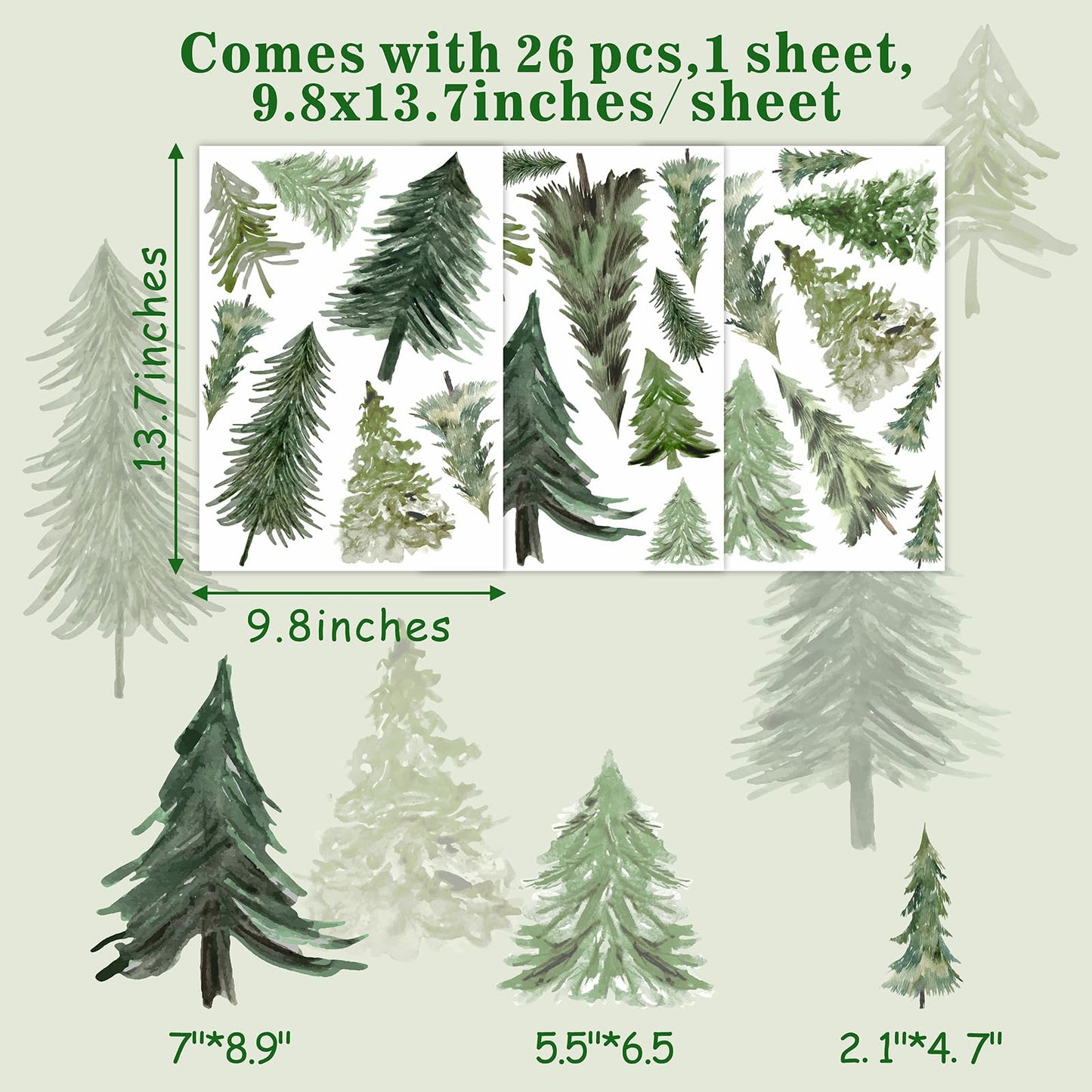 Watercolor Tree Wall Stickers Small Pine Tree Wall Decal Green Trees Wall Window Stickers Removable Forest Trees Decals Peel and Stick Small Tree Wall Decals for Bedroom Living Room Nursery