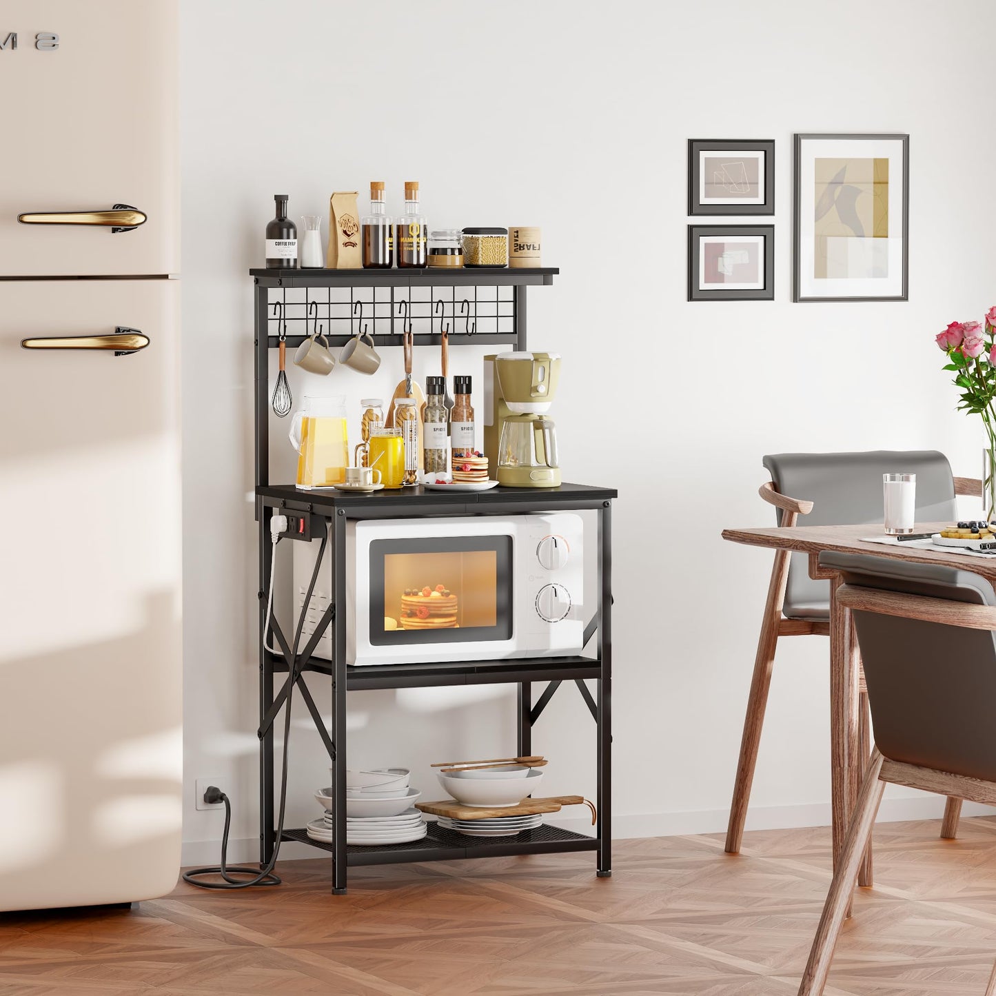 Furologee Kitchen Bakers Rack with Power Outlet, Microwave Oven Stand with Storage 4 Tiers, Coffee Bar Table with 6 S Hooks, Kitchen Storage Shelf Rack for Spices, Pots, Rustic Brown