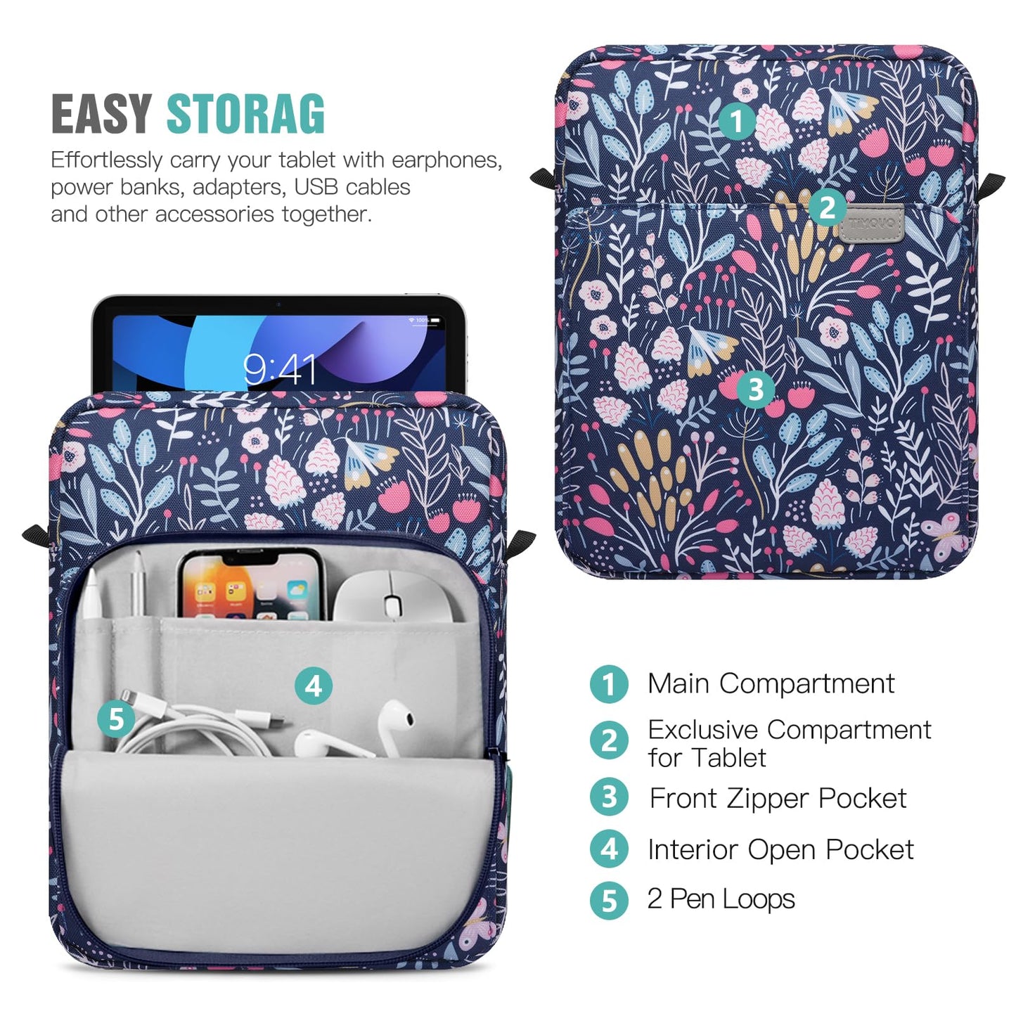 TiMOVO 9-11 Inch Tablet Sleeve Bag with Shoulder Strap for iPad 11-inch A16 2025, iPad 10.9"/10.2" | Air 11/5th/4th Gen. 10.9", Galaxy Tab A9 Plus 11", Colorful Flower