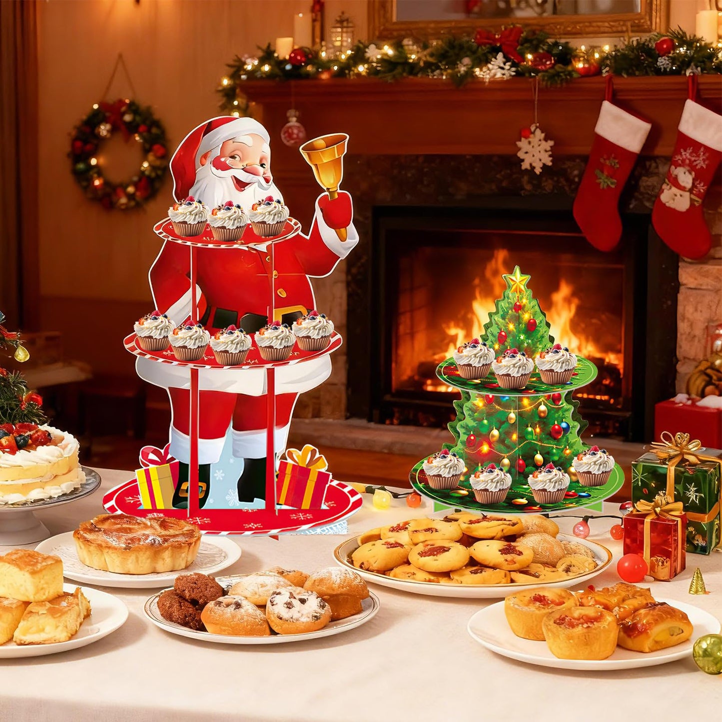 PRATIQUE 2Pcs Christmas Cake Stand Set with Santa & Tree,3-Tier Dessert Display Tower and Santa with Bell Ornament, Rustic Xmas Party Centerpiece for Holiday Cupcakes, Candy, Hot Cocoa Bar Decor