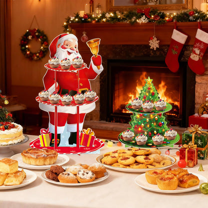 PRATIQUE 2Pcs Christmas Cake Stand Set with Santa & Tree,3-Tier Dessert Display Tower and Santa with Bell Ornament, Rustic Xmas Party Centerpiece for Holiday Cupcakes, Candy, Hot Cocoa Bar Decor