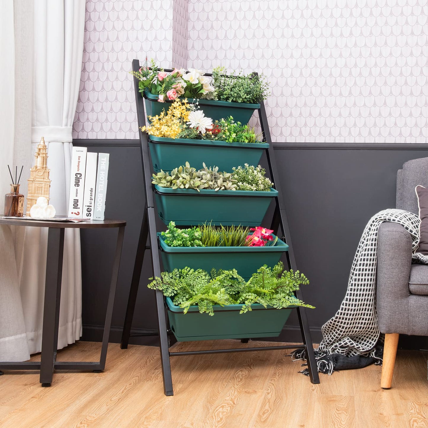 Giantex Set of 2 Vertical Planter Raised Bed, Elevated Garden Beds with Water Drainage Hole, Freestanding 5 Container Boxes for Herb Vegetables Flowers Growing, Outdoor Indoor Patio Balcony