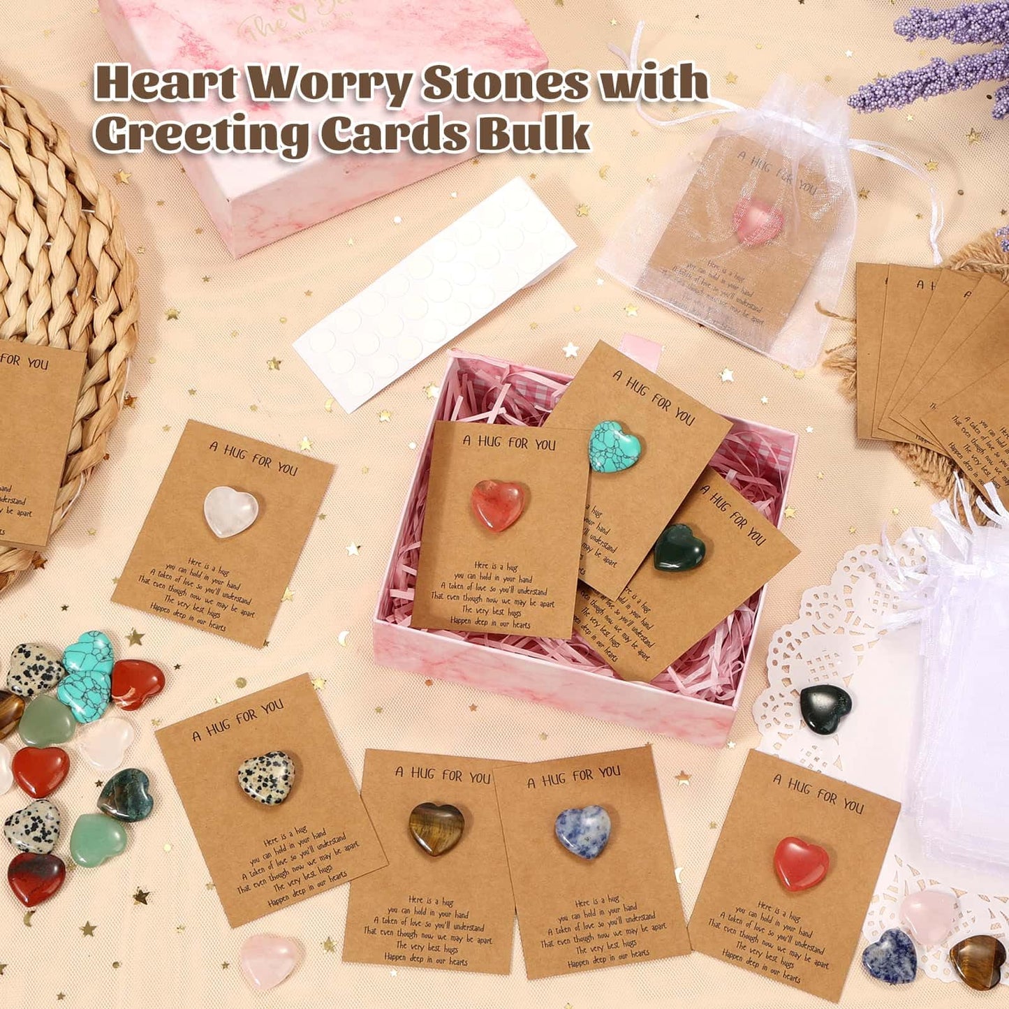30 Pcs Heart Crystals and Healing Stones Bulk, 0.8" Polished Natural Heart Shaped Rocks Gemstones with Hug Cards Set for Meditation Balancing Chakra Reiki Valentines Mother's Day Gifts