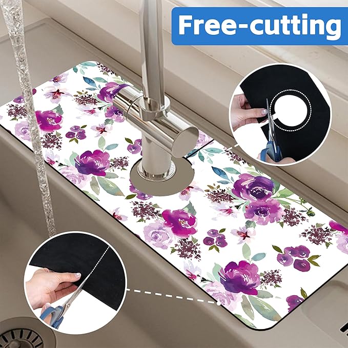 Watercolor Purple Flowers Faucet Absorbing Mat Splash Guard Draining Mat Fast