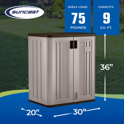 Suncast Base Storage Cabinet for Garage Organization, 9 Cu. Ft. Capacity, Platinum Metallic & Slate - Lockable Multi-Wall 2-Shelf Resin Organizer for Garden Supplies, Paint Cans & Outdoor Tools