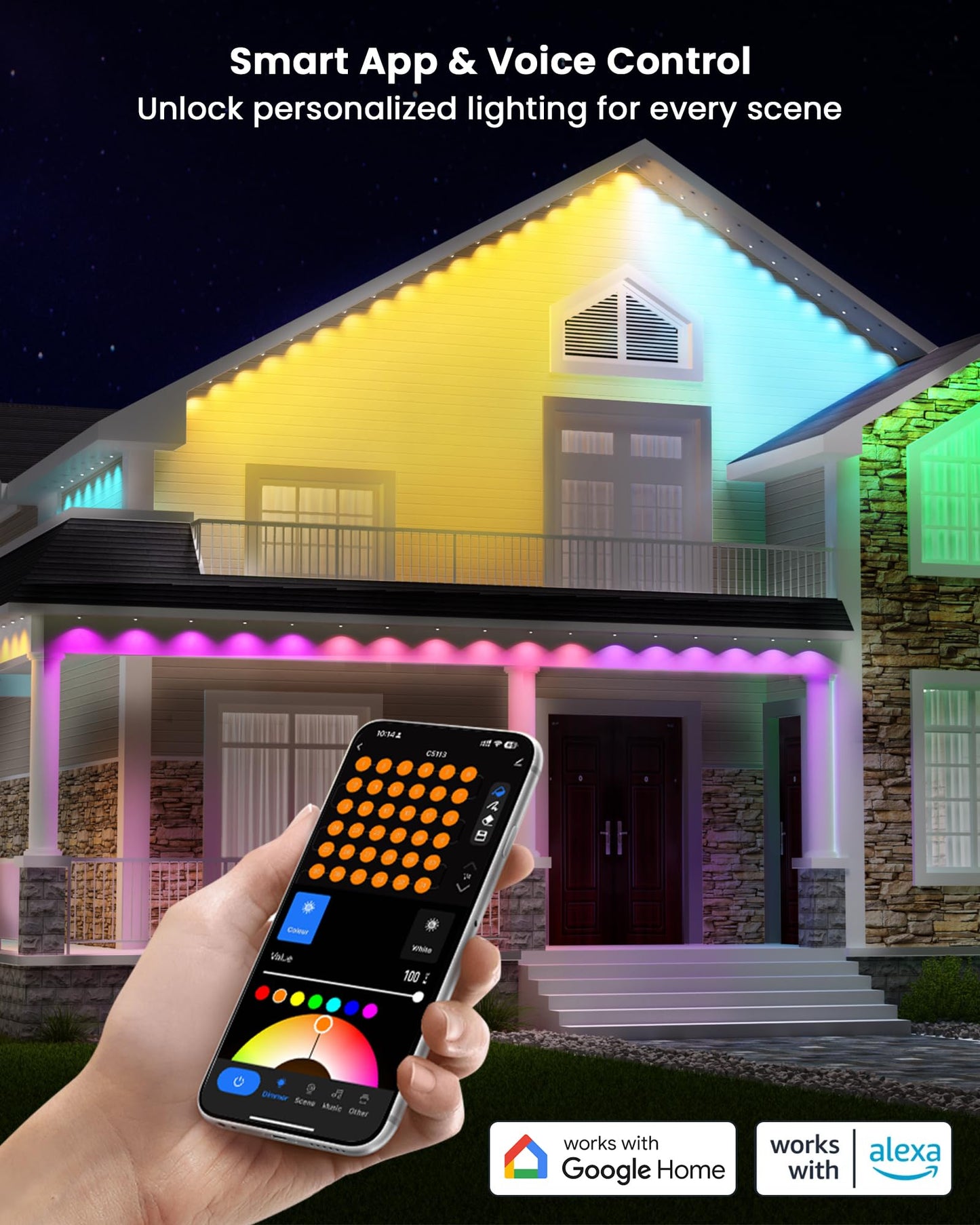 Gefolly Permanent Outdoor Lights Pro, 150ft with 90 RGBW Double-LED Lights 111 Scene Modes for Daily, Halloween, Christmas, IP67 Waterproof for Outdoor Decor, Works with Alexa, Google Assistant, White