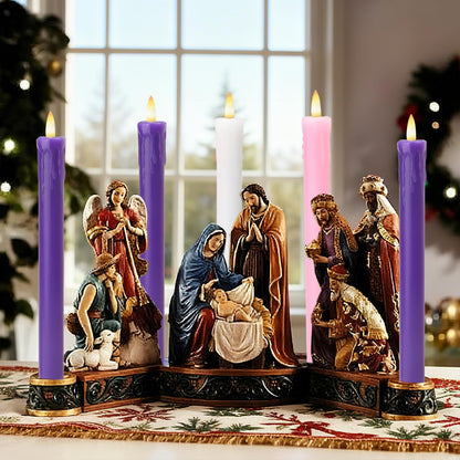 Lezonic Flameless Advent Candles Battery Operated with Remote, Set of 5 Wax Christmas Taper Nativity Candles, LED Advent Wreath Candles for Church Home Christian Decor, 3 Purple & 1 Pink & 1 White