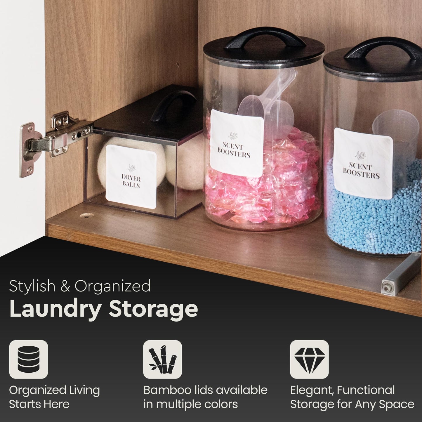 Laundry Pod Storage Container Set | Two 3L Glass Jars & One Acrylic Dryer Sheet Container with Bamboo Lids – Includes 2 Scoops, 60 Waterproof Laundry Labels – Dishwasher Safe