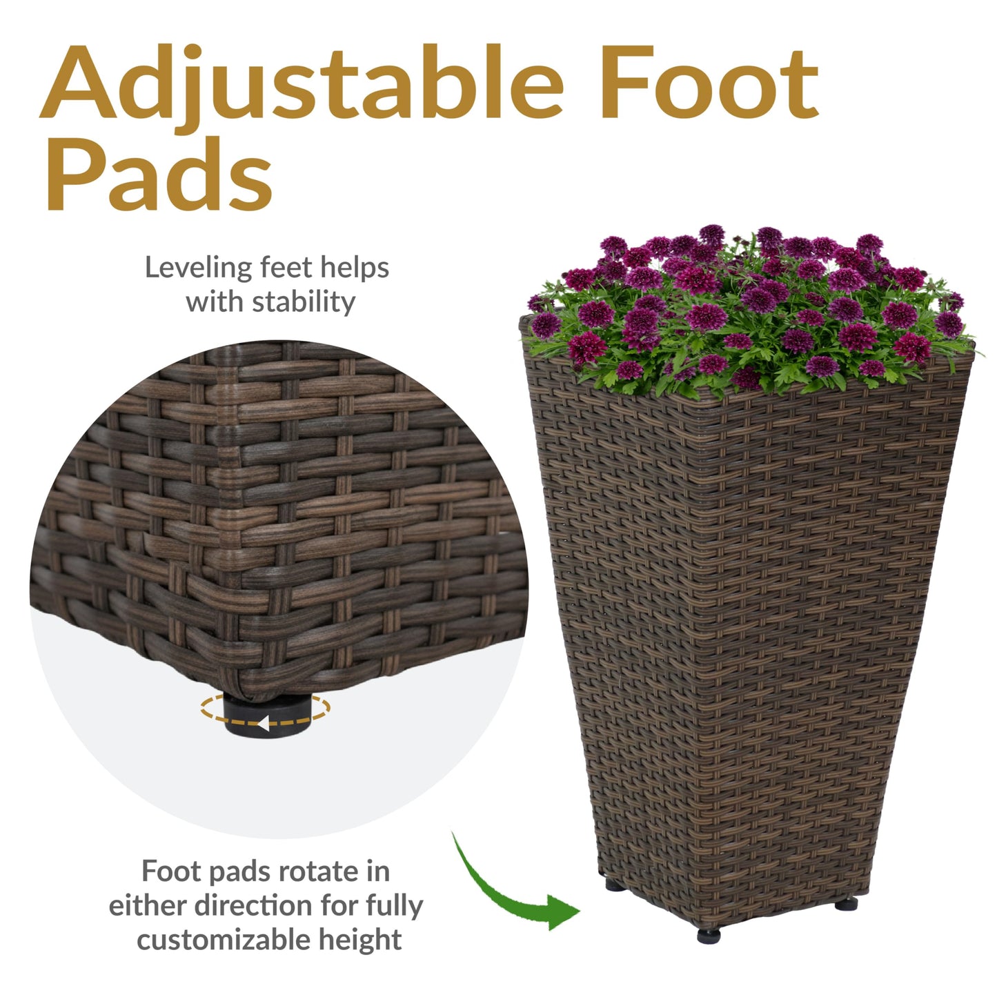 Sunnydaze Square Tall Wicker Outdoor Planter Set of 2 - Polyrattan Large Outdoor Planters for Porch, Patio or Garden - 20" Tall Plant Pots - Brown