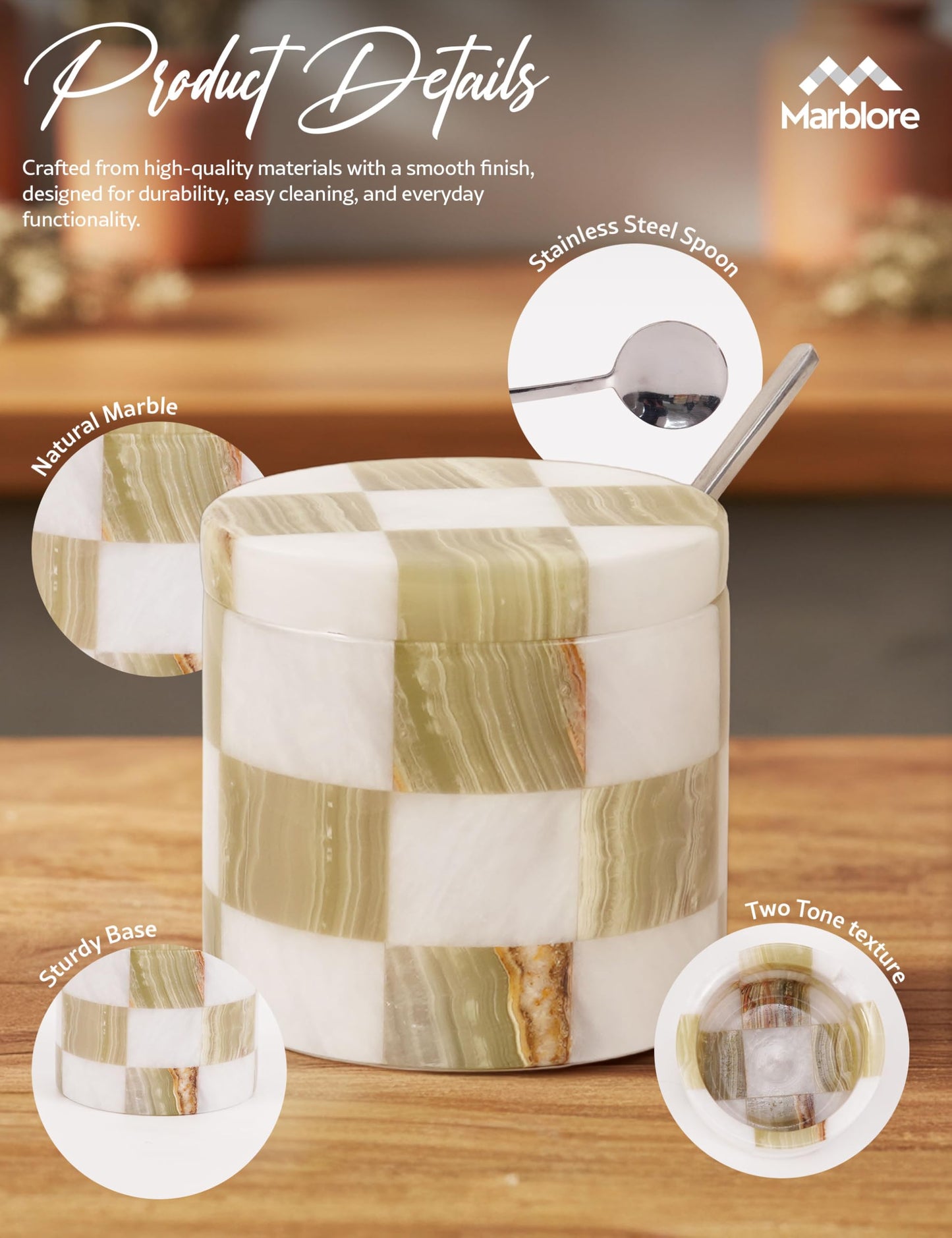 Marble Salt Cellar 3" White and Green Sugar Salt Pepper Containers for Kitchen Storage, Stone Salt Holder with Lid and Spoon for Countertop, Seasoning and Spice Storage Jar