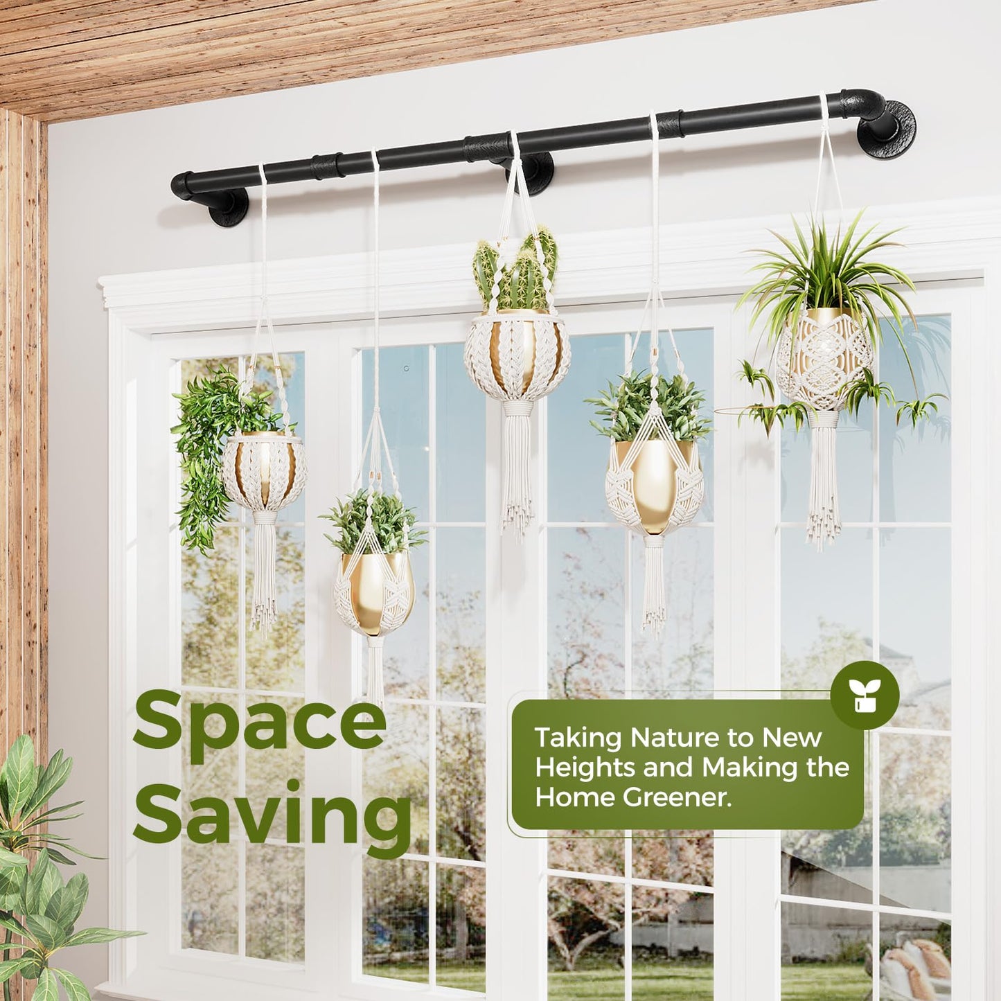 Bamworld Window Plant Hanger Indoor 63in Hanging Planters for Indoor Plants Hanging Plants Holder Hanging Rod Window Plant Shelves Wall Planters Pot/Chain/Plant Not Included(Black)