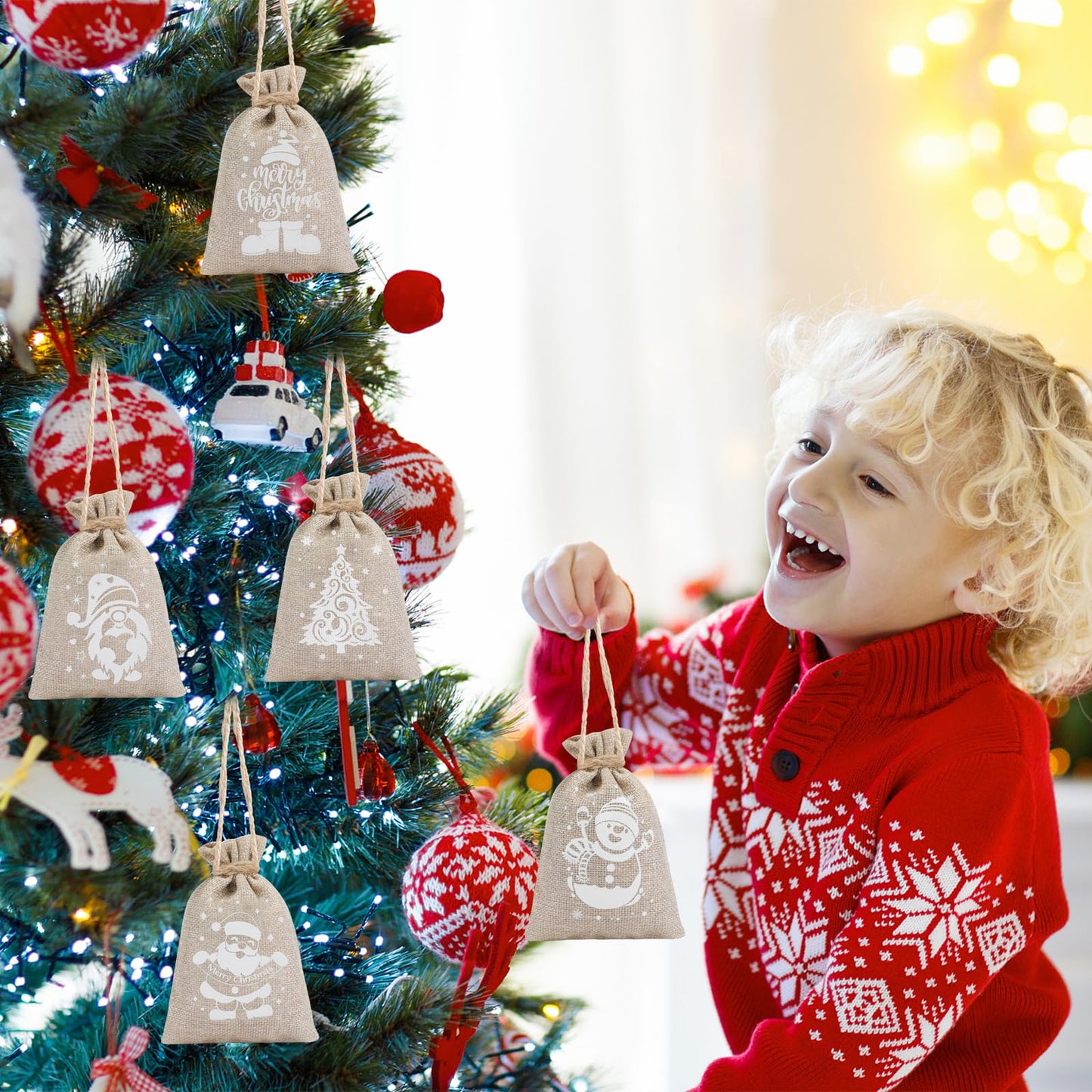 CCINEE 36pcs Christmas Burlap Bags, 4×6 Inch Drawstring Christmas Burlap Goody Gift Candy Bags with Double Jute Drawstrings Xmas Treat Bags for Candy Wrapper Xmas Party Favors