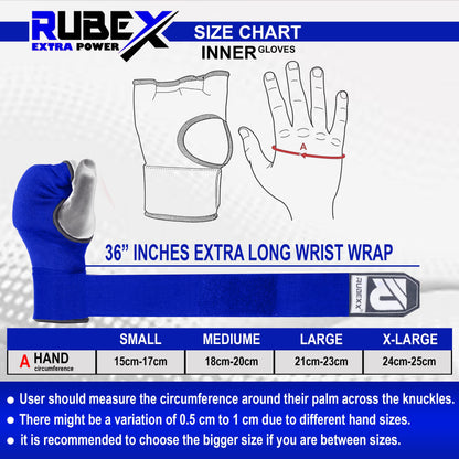 RUBEXX Slip on Boxing Hand Wraps Padded Thick Knuckle Inner Gloves 36 inches Elastic Wrist Strap Quick Wrap Under Mitts Martial Arts Muay Thai MMA Kickboxing Men Womem (Blue, S)