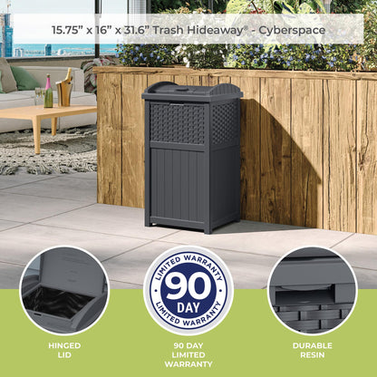 Suncast 33 Gallon Wicker-Style Hideaway Trash Can with Secure Latching Lid and Weather-Resistant Construction for Patio, Cyberspace Grey, Made in the USA