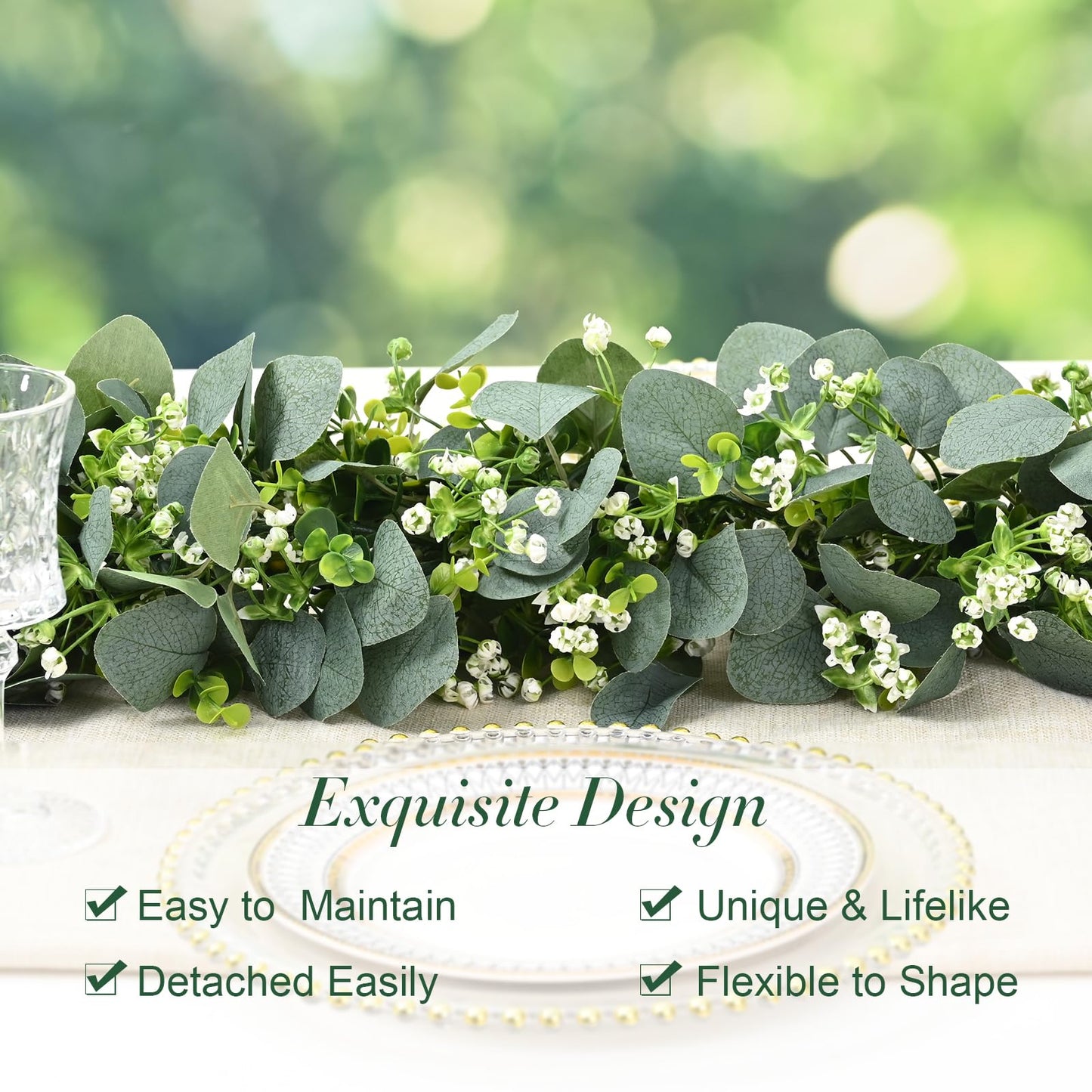 Waipfaru 2Pcs Eucalyptus Garland, 5.9FT Greenery Garland, Green Garland with Flowers, Artificial Faux Silver Dollar Eucalyptus Leaves Vines for Table Home Wedding Mantle Party Indoor Outdoor Decor