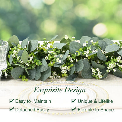 Waipfaru 2Pcs Eucalyptus Garland, 5.9FT Greenery Garland, Green Garland with Flowers, Artificial Faux Silver Dollar Eucalyptus Leaves Vines for Table Home Wedding Mantle Party Indoor Outdoor Decor
