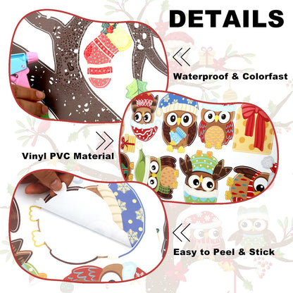 Christmas Tree Wall Stickers Vinyl Cute Owl Wall Decals Peel and Stick Decal for Home Office Walls Windows Doors Christmas Decor (35.43inch x 11.81inch, 3 Sheets)