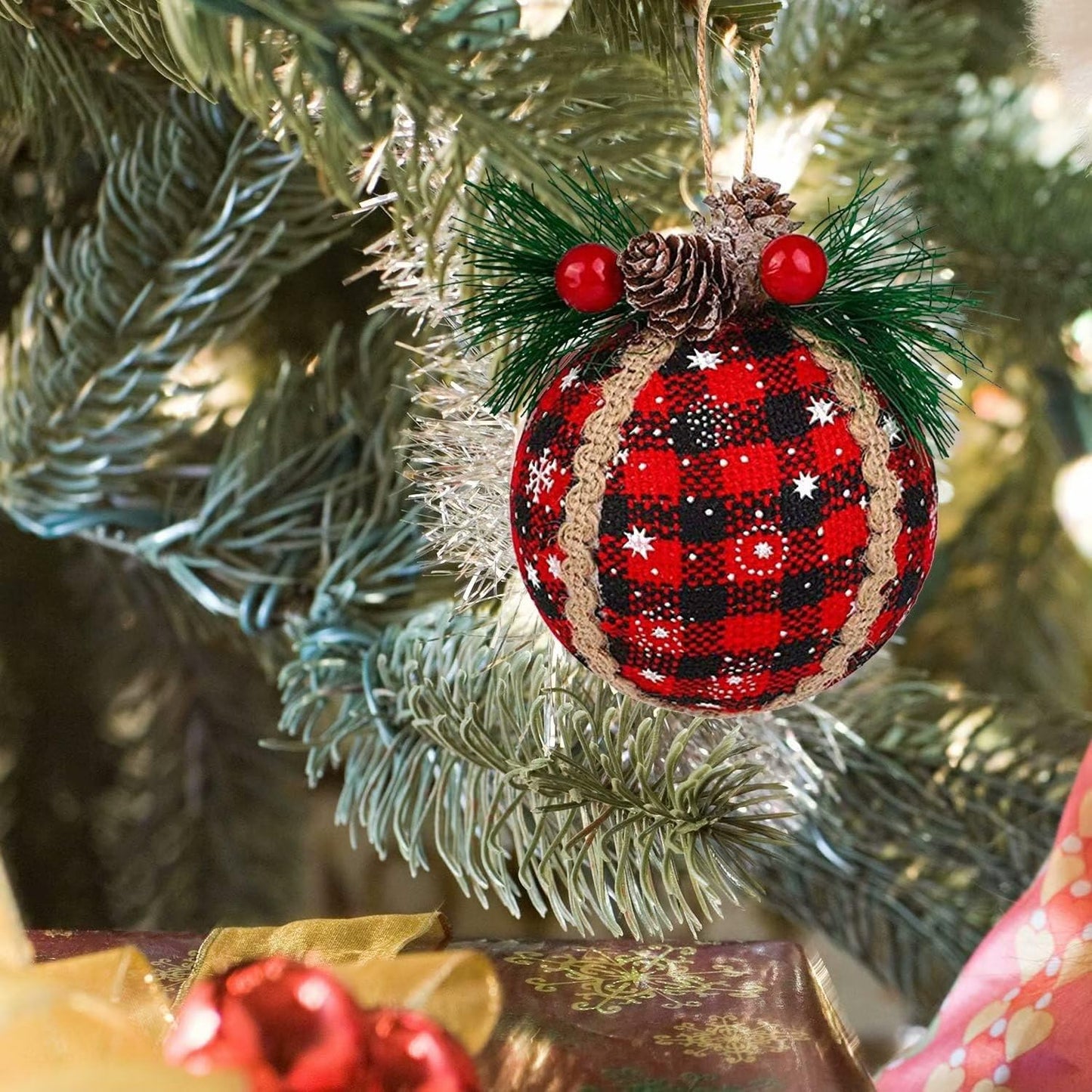 Iceyyyy 9PCS Christmas Plaid Ball Ornaments - 2 Inch Black & Red Buffalo Plaid Fabric Ball Ornaments with Pine Cones and Greenery, Plaid Christmas Tree Hanging Balls Ornament Festive Decoration