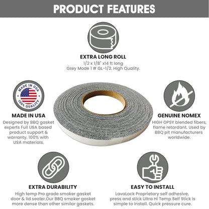 LavaLock 1/2" x 1/8" High Temp Nomex BBQ HT Gasket Smoker Seal, self Stick Grey