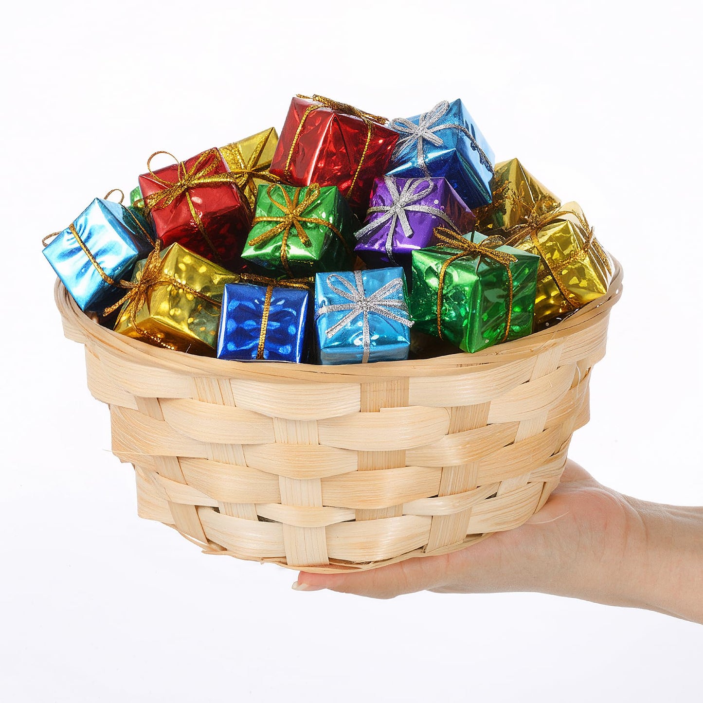 Ckhoid 10Pcs Round Gift Baskets, 8 Inch Natural Bamboo Woven Fruit Basket, Small Wicker Bread Roll Serving Basket, Handwoven Food Storage Serving Baskets for Kitchen, Restaurant
