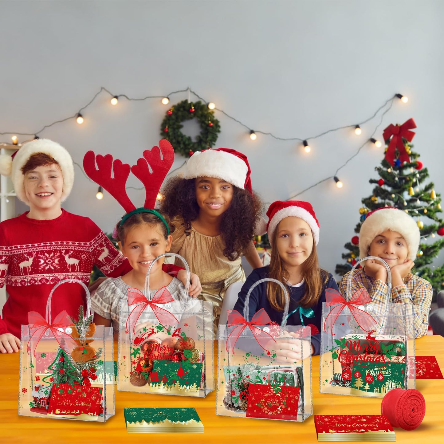 24pcs Christmas Clear Gift Bags with Handles And Ribbon Merry Christmas Greeting Card Set Xmas Transparent Reusable Gift Wrap Bags PVC Candy Goodie Treat Totes for Xmas Winter Holiday Party Favors