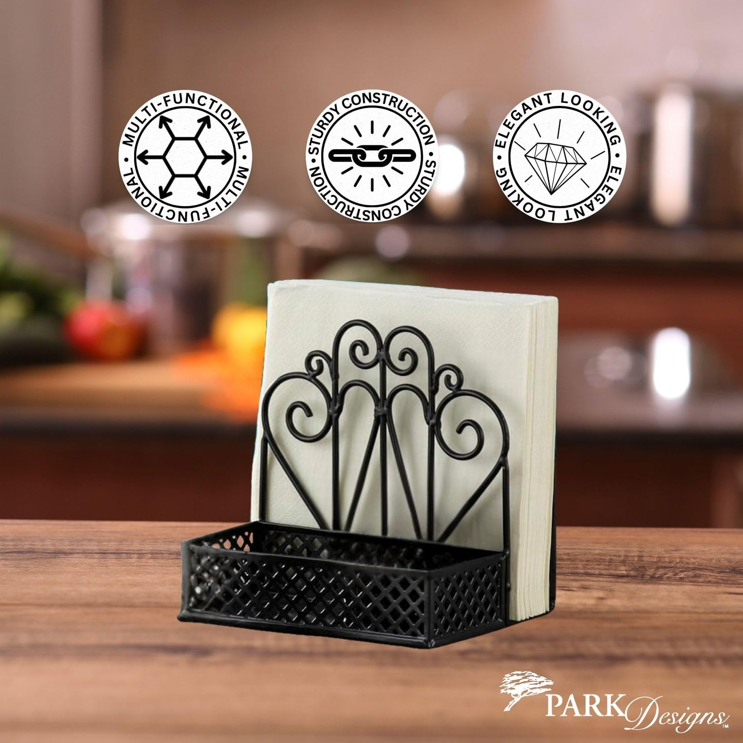 Park Designs Black Napkin Salt and Pepper Holder for Table | Combo Napkin Caddy & Salt and Pepper Caddy | Farmhouse Napkin Holder for Paper Napkins