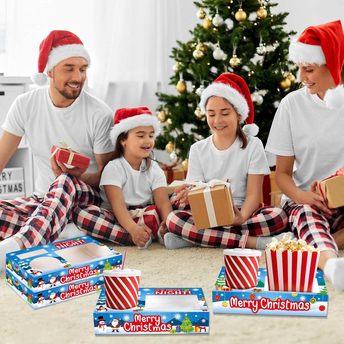 QOUBAI 50Pcs Christmas Party Supplies Movie Night Paper Snacks Boxes Xmas Movie Theater Snack Tray Party Decorations Popcorn Drink Holder Set for Christmas Xmas Tree Snowman Birthday Holiday