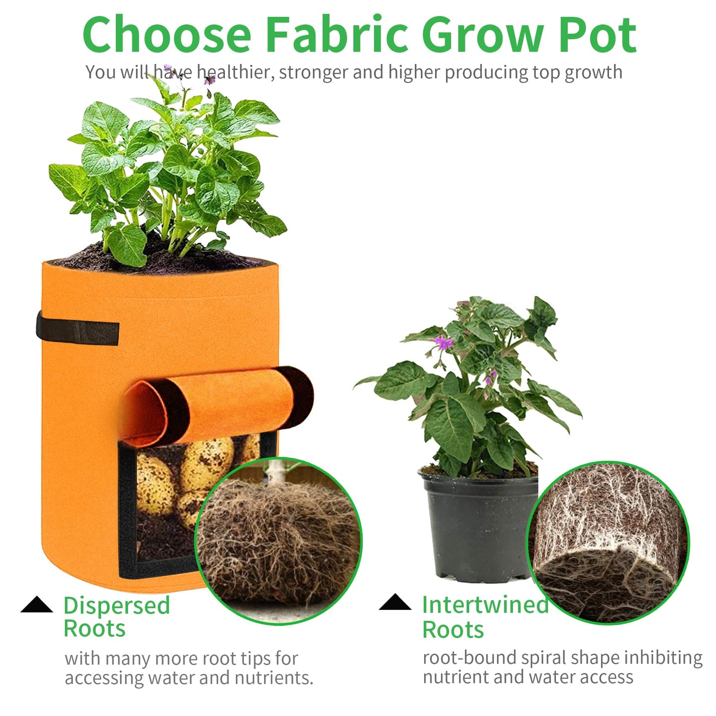 JJGoo 4 Pack Potato Grow Bags 10 Gallon with Flap, Heavy Duty Fabric with Handle and Harvest Window, Non-Woven Planter Pot Plant Garden Bags to Grow Vegetables Tomato, Orange