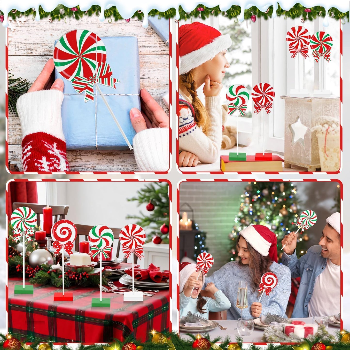 gisgfim 6Pcs Christmas Table Decorations Wood Candy Set Red Green White Wooden Sign Centerpiece Xmas Candy Tabletop Decor Gifts Christmas Tiered Tray Decor for Winter Holiday Party Home Tables