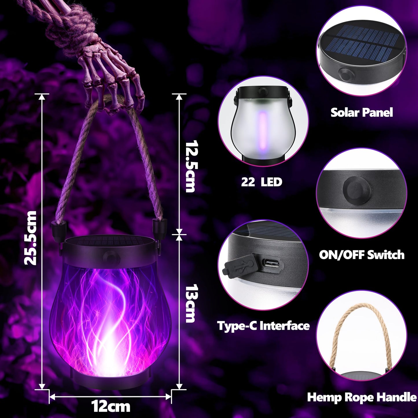 Jyoiat Solar Flame Lantern Hanging Outdoor Waterproof Purple - 2 Pack Flame Lanterns with Dual Charging Modes of Solar & USB for Garden or Yard Decorations (Purple - 2 Pack)