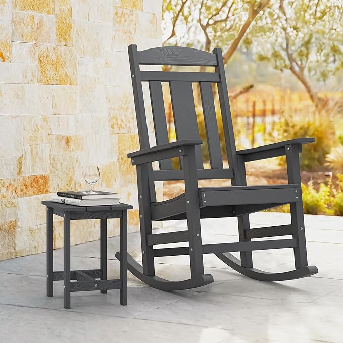 LUE BONA Outdoor Rocking Chairs Set, 3-Piece, HDPS Poly Porch Rockers with Table, Plastic Weather Resistant Rocking Chair Set for Outdoor Indoor, Garden, Backyard, 350lb, Gray Chairs+Table