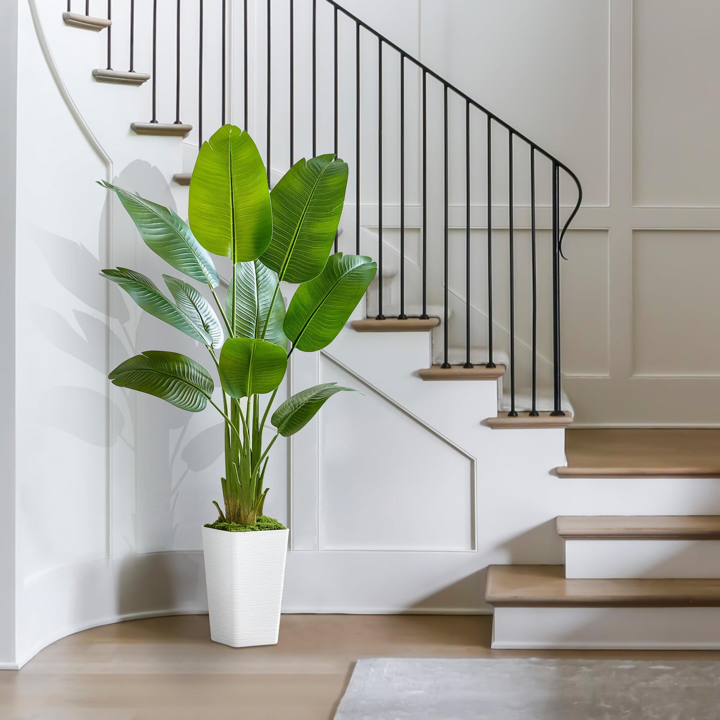 Bird of Paradise Artificial Plant, 5FT Faux Plants Indoor Banana Leaf Tree with 9 Leaves, Large Fake Tropical Potted Indoor Silk Floor Plant with White Tall Planter for House,Office,Room,Home Decor