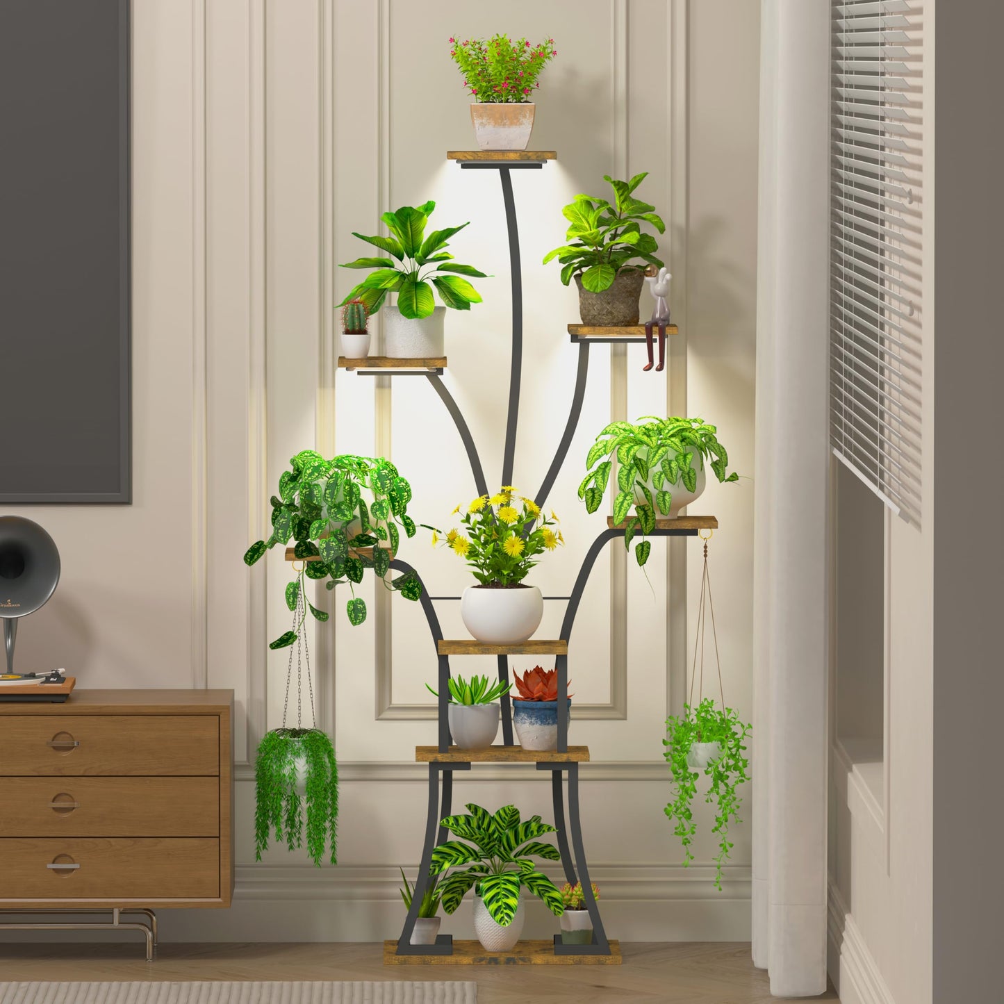 YIIHEERR 64" Tall 8 Tiered Plant Stand Indoor with Grow lights Large Tree Shape Decorative Rack Plant Pot Holder Gardening for Living Room Corner Black