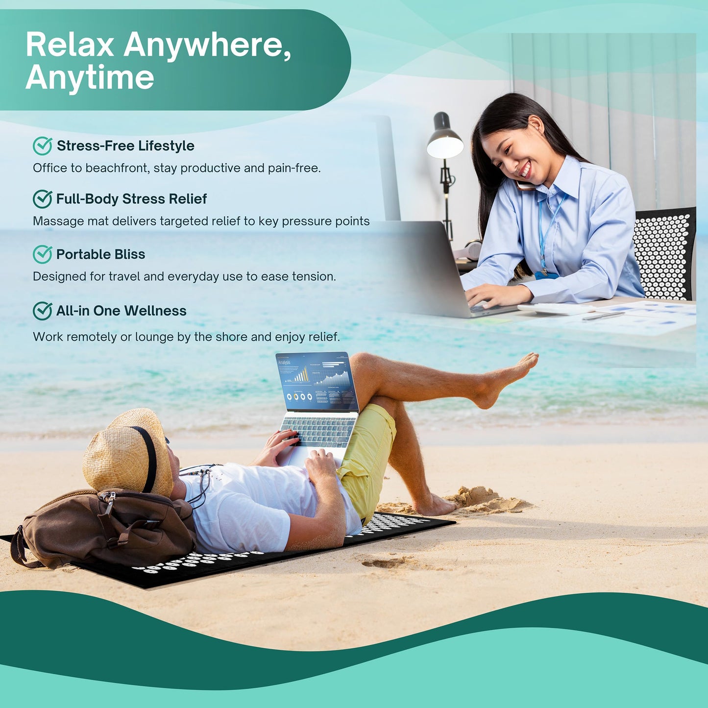 Sivan Back and Neck Pain Relief Acupressure Mat and Pillow Set, Chronic Back Pain Treatment - Relieves Your Stress of Lower Upper Back and Sciatic Pain - Black