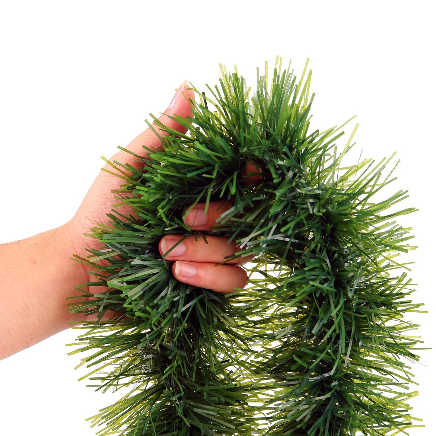 Green Garland Christmas Decorations,50Ft Xams Greenery Tinsel Stems Non-Lit Soft Twist Garland Decor for Tree Stairs Railing Front Door Mantle Fireplace Indoor Outdoor Holiday Home