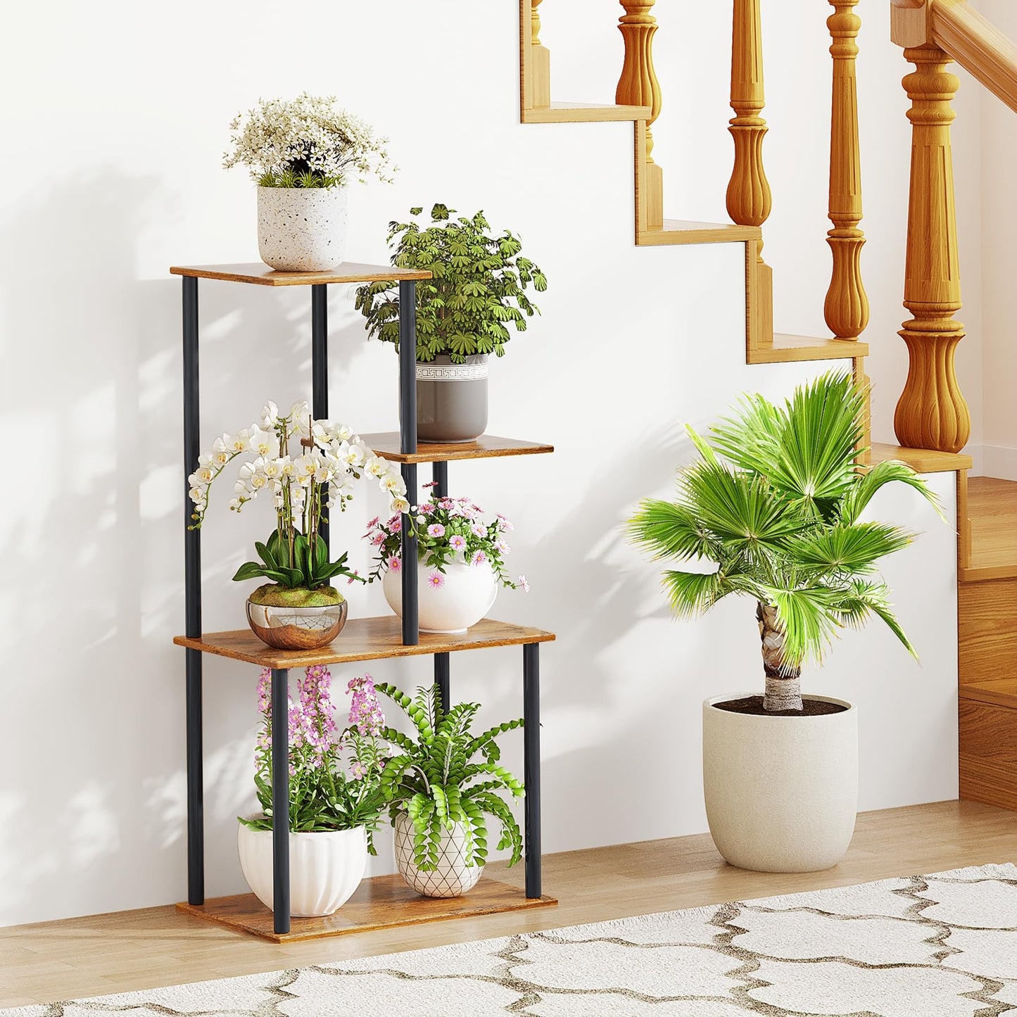yeavs Plant Stand Indoor, 4-Tier Plant Shelf Multiple Metal Wood Flower Pot Holder for Living Room Office Balcony Patio, Rustic Brown