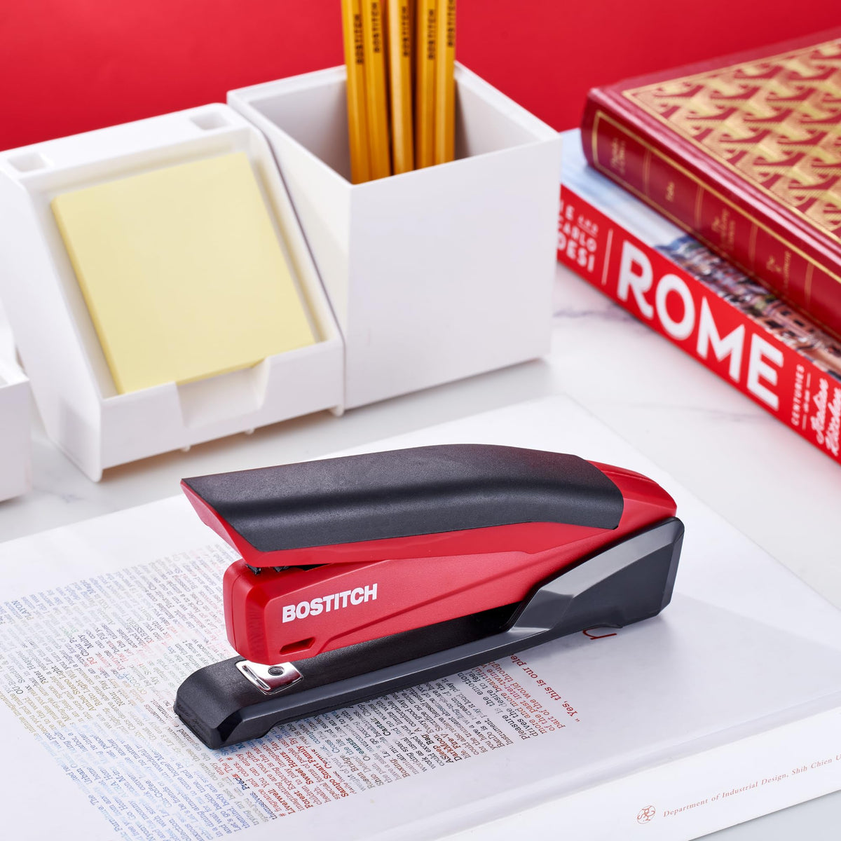 Bostitch Office Executive 3 in 1 Stapler, Includes 210 Staples and Integrated Staple Remover, One Finger Stapling, No Effort, 20 Sheet Capacity, Spring Powered Stapler, Red