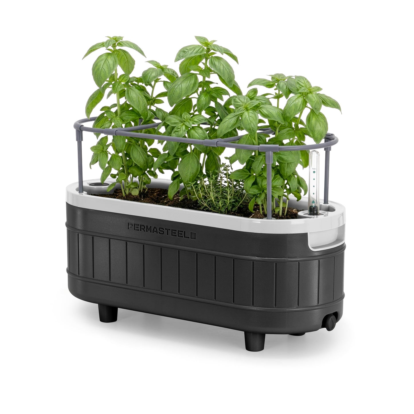 Permasteel Herb Garden Planter with Trellis Support, Self-Watering System with Water Level Indicator, Fits Multiple Herb Plants, for Basil, Flowers, Succulents, Indoor & Outdoor, Black