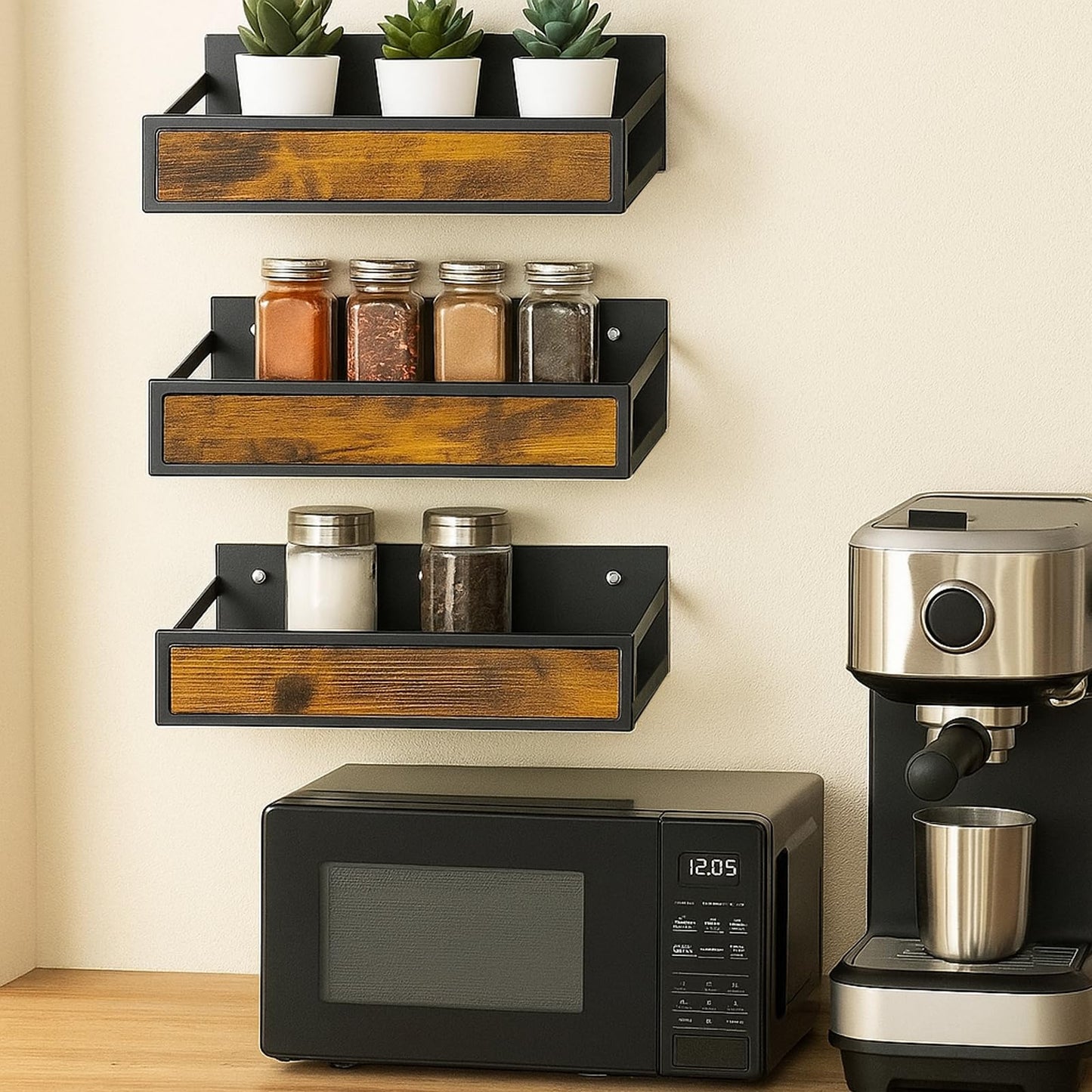 ROURANB Spice Rack Wall Mount for Large Spice Jars, 6 Pack Ironwood Spice Organizer shelf for Rustic, Industrial and Modern Kitchens,Quick Adhesive Strips and Screws for Mounting (Engineered Wood)