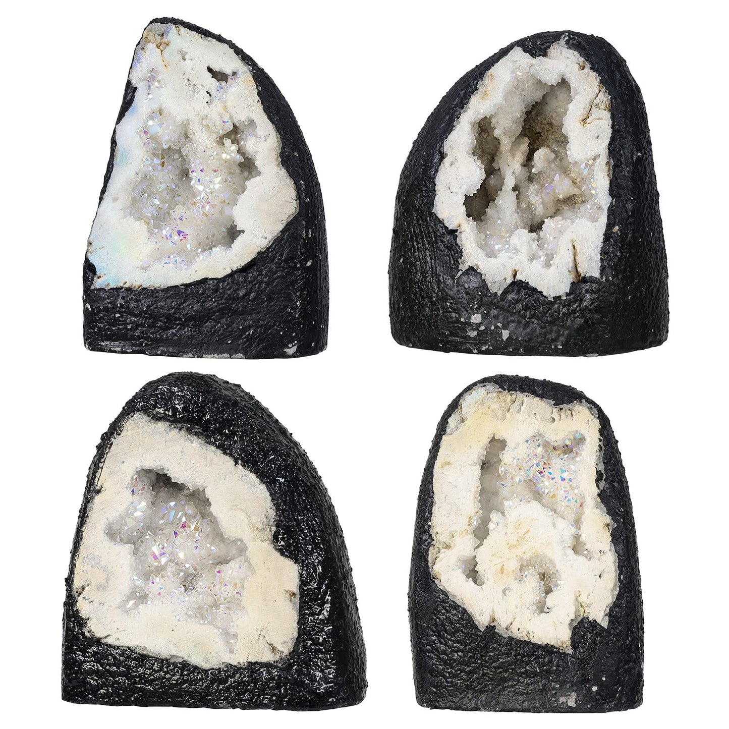 SUNYIK Natural Rainbow Titanium Coated Quartz Geode Quartz Crystal Cluster Specimen for Home Office Decoration Reiki Healing Meditation, 200-370g(0.4-0.8lb), White AB Crystal