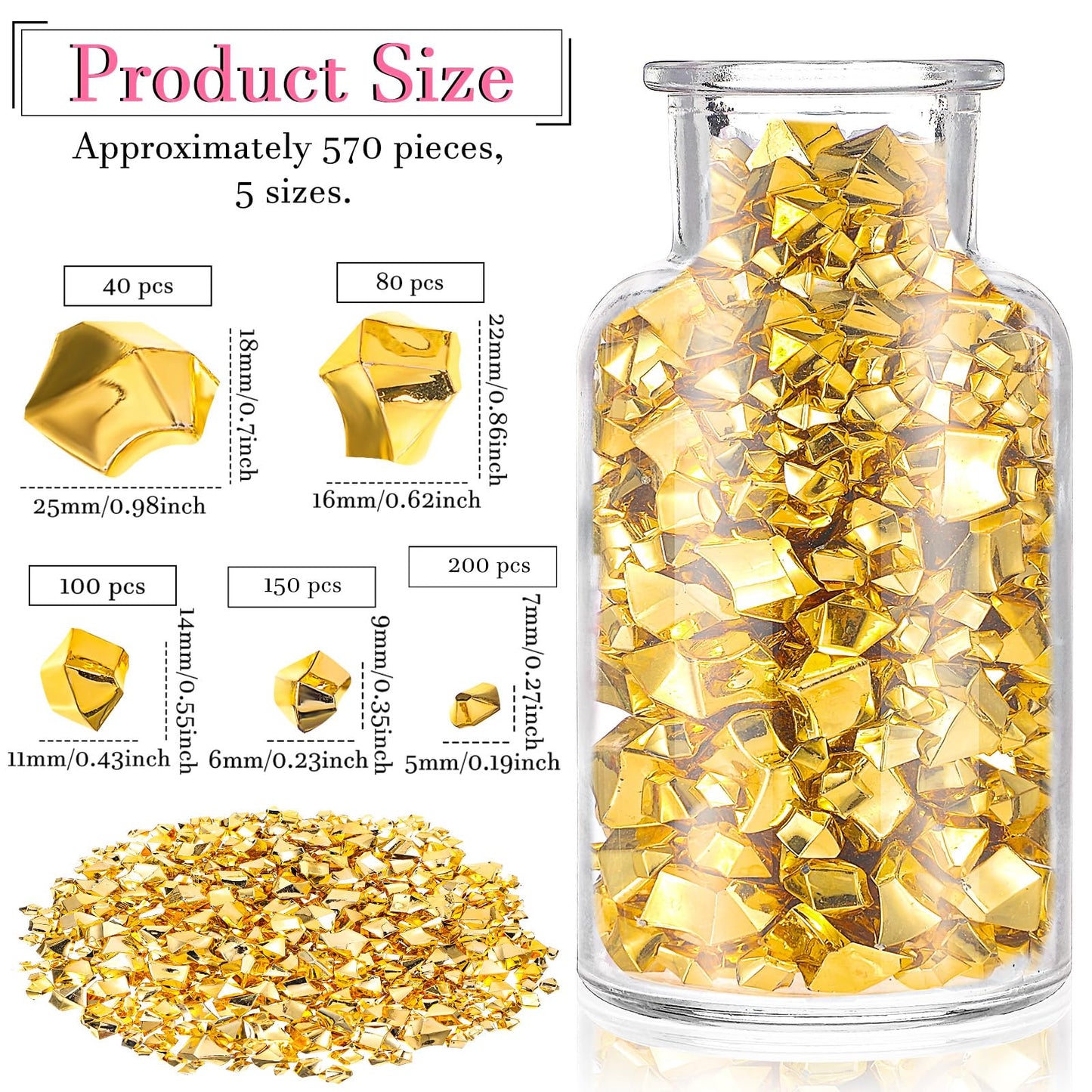 Syhood 570 Pcs 5 Sizes Gold Fake Gems Plastic Gold Rocks Jewels Acrylic Gems Crystals Fake Ice Crushed Rocks Vase Fillers Table Scatters Birthday Decoration Wedding Display