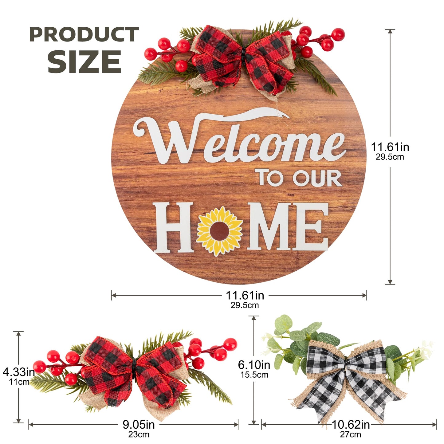 Interchangeable Seasonal Welcome Sign Front Door Decor, Rustic Round Wood Wreath Wall Hanging, Farmhouse Porch Indoor Outdoor for All Seasons Holiday Halloween Christmas
