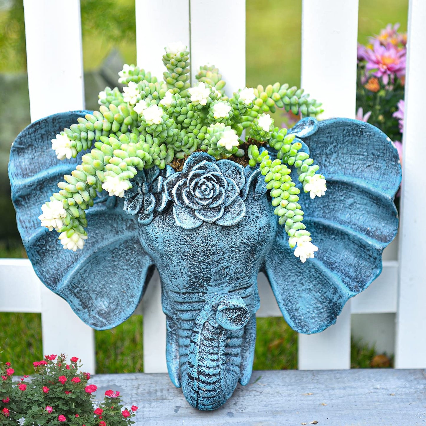 Sungmor Resin Elephant Head Wall Pot, Unique Bohemian Style Animal Face Planter, Vertical Hanging Plant Pot, Pretty Decorative Flower Pot for Indoor Outdoor Plants, for Gardening Lovers